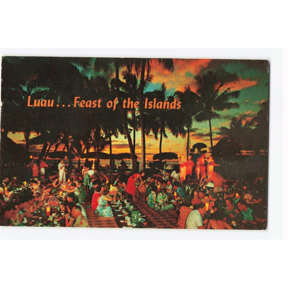 Vintage 1966 Hawaii Luau Feast of the Islands Postcard Honolulu Queens Surf VG